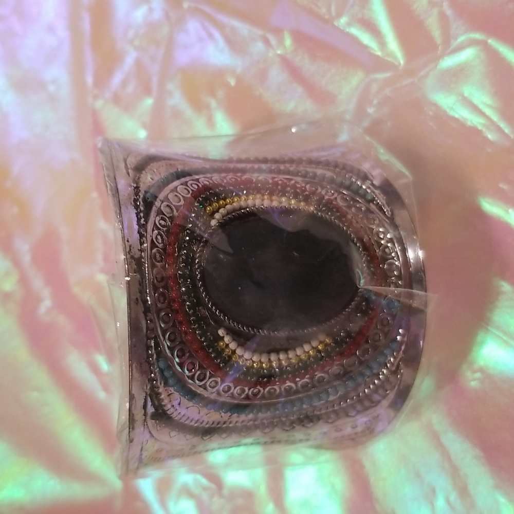 NIB Silver Cuff Bracelet with Black Stone and Rhinestones